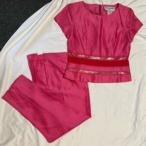 Vintage Jessica Howard Petite 10 Pink Pant suit peplum party tea Gold buttons
